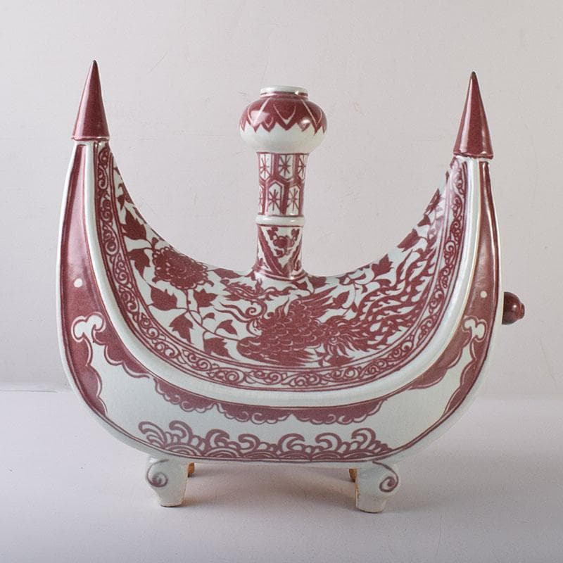 中国　釉里紅　四足水注　扁壷　M　7325C