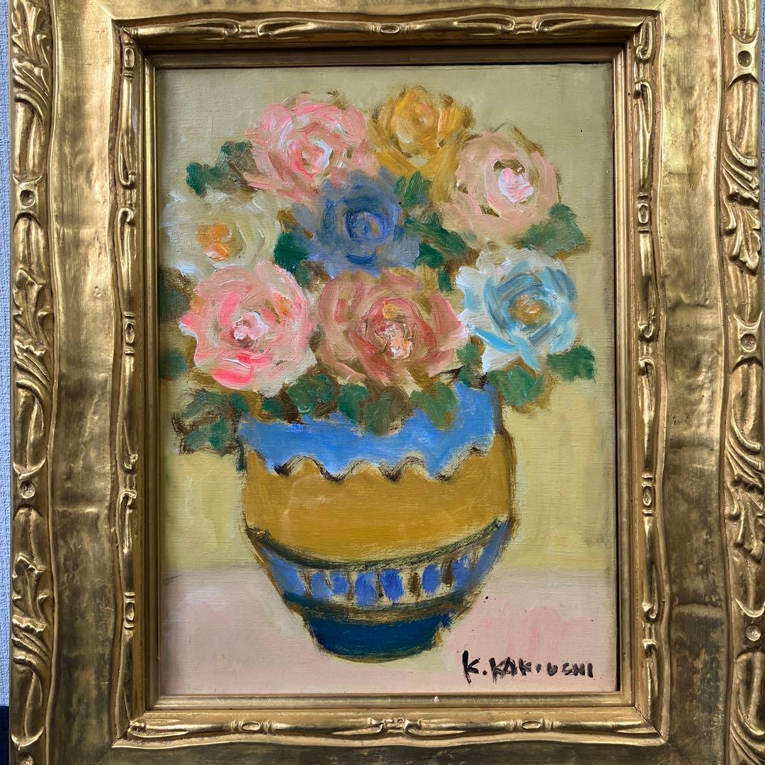 油彩　垣内カツアキ「バラの壷　F4」