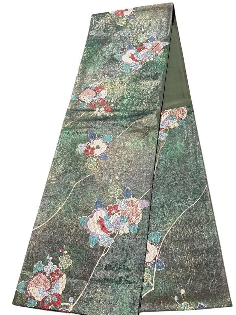 A13 美品　袋帯　唐織蝶花　グリーン　金通　逸品