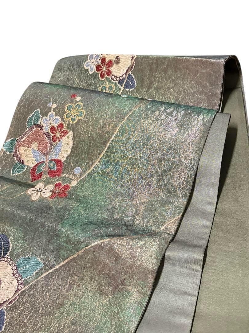 A13 美品　袋帯　唐織蝶花　グリーン　金通　逸品