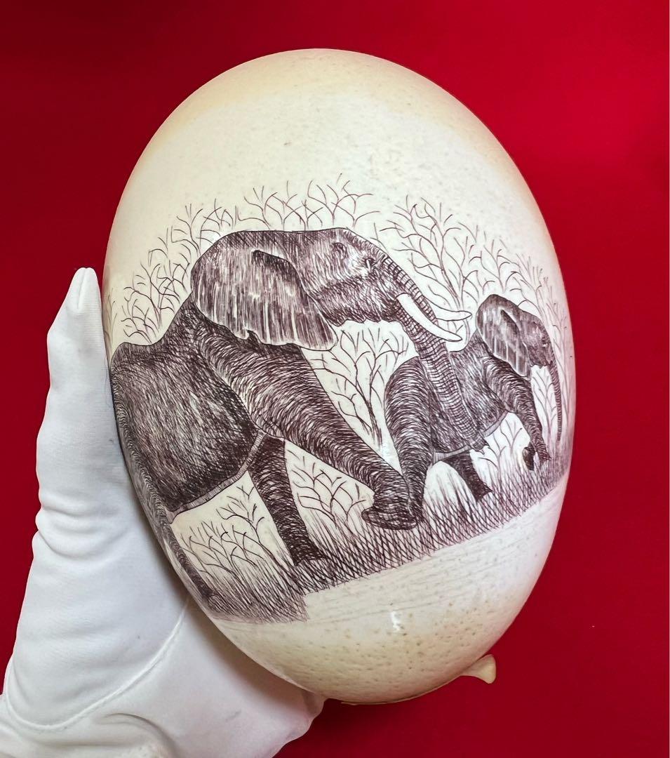 美術品 ダチョウ卵彫刻 置物 在銘 南アフリカ產