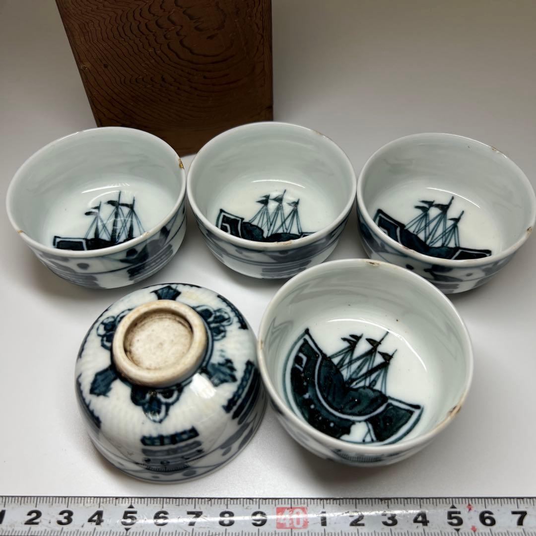 唐物　古染付　煎茶碗5客　木箱付　口径6.4㎝ 東Y7-0812①タウサ