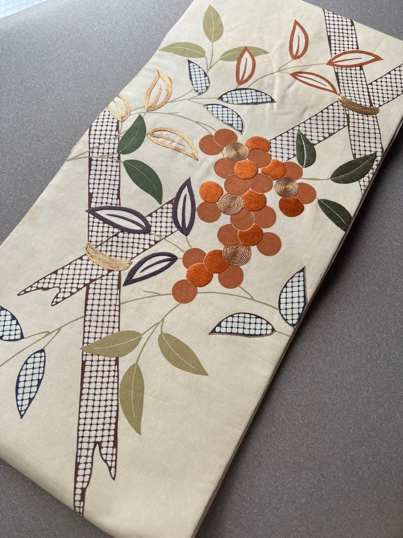 アンティーク帯　染め　南天　正絹