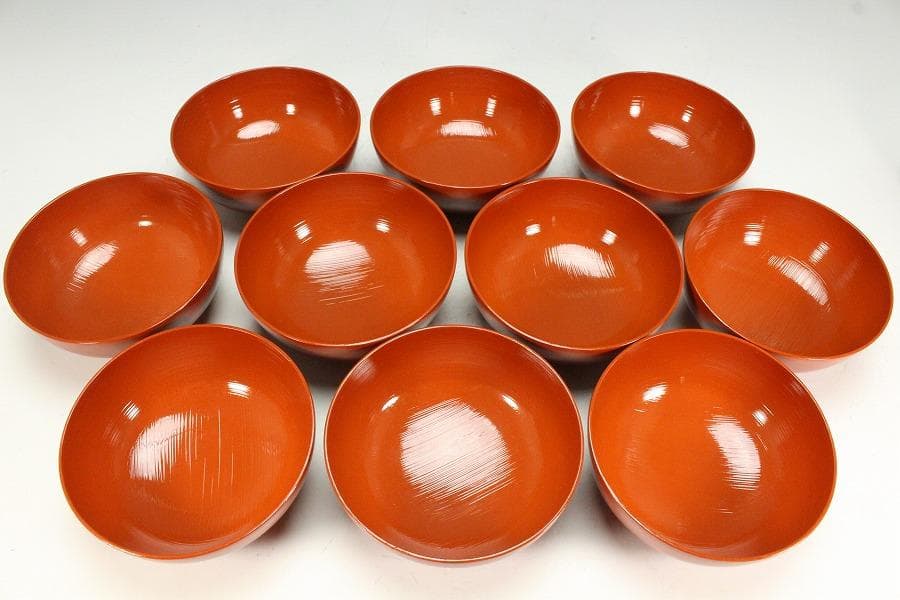 平安象彦製 朱塗刷毛目 蓋蒔絵 椀 十客 美品 共箱(K-A751)