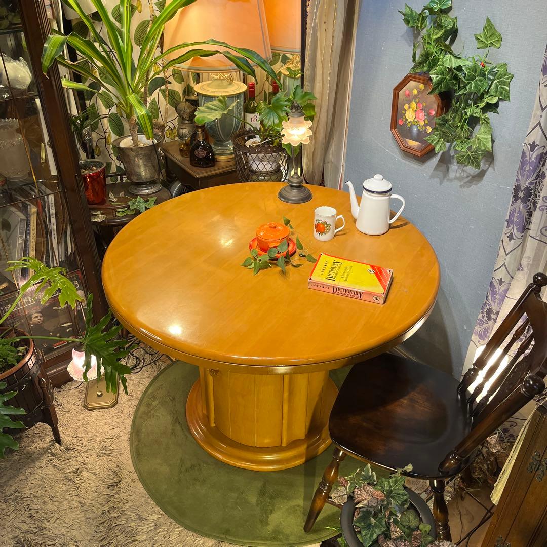 sale ラウンドテーブル　1０５　丸テーブル　無垢材仕上げ収納付き