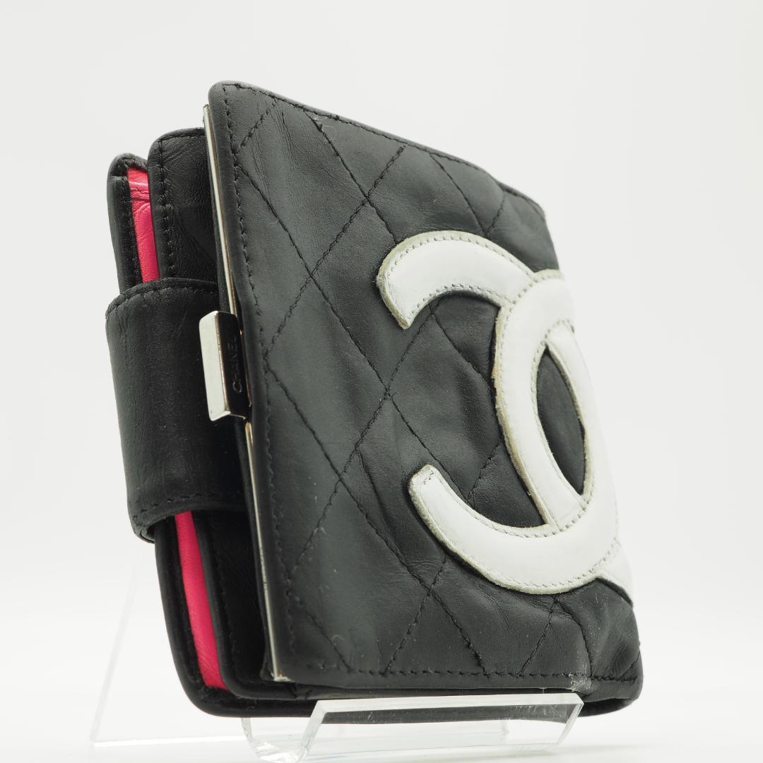 CHANEL シャネル カンボンライン 二つ折り財布 がま口 黒×ピンク