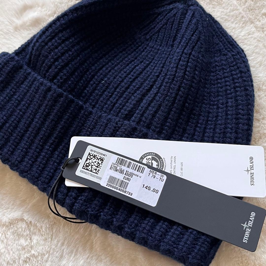 男女兼用◇STONE  ウール ロゴ ビーニー ニット帽 紺
