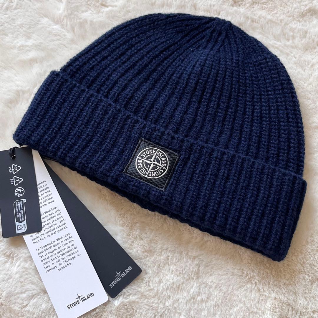 男女兼用◇STONE  ウール ロゴ ビーニー ニット帽 紺
