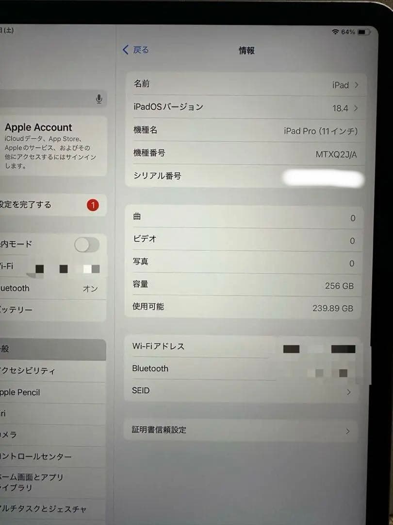 256GB iPad Pro 11インチ Wi-Fiモデル　スペースグレイ