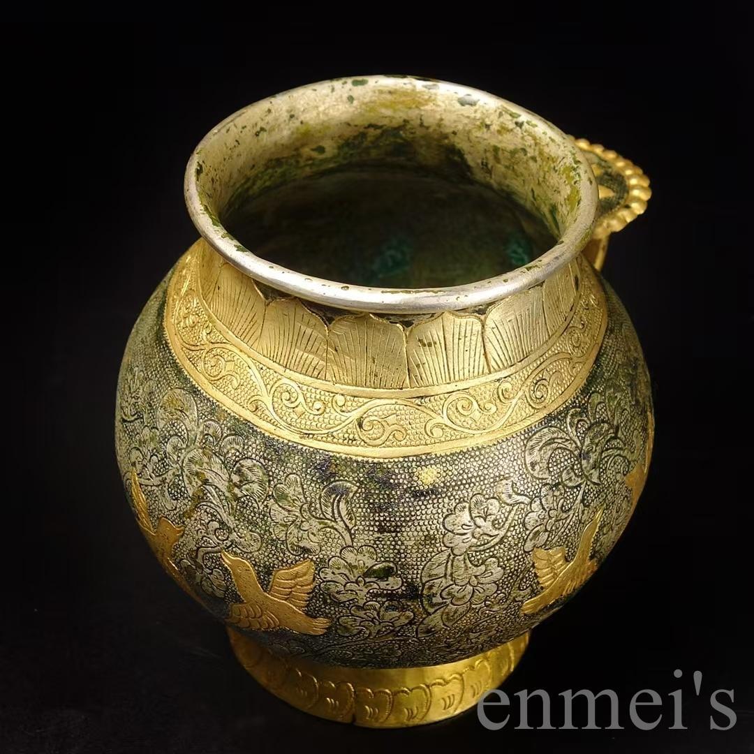 中国古美術 唐風 描金 純銅製 鏨刻罐 供物器 細密細工 置物 賞物 擺件 唐物