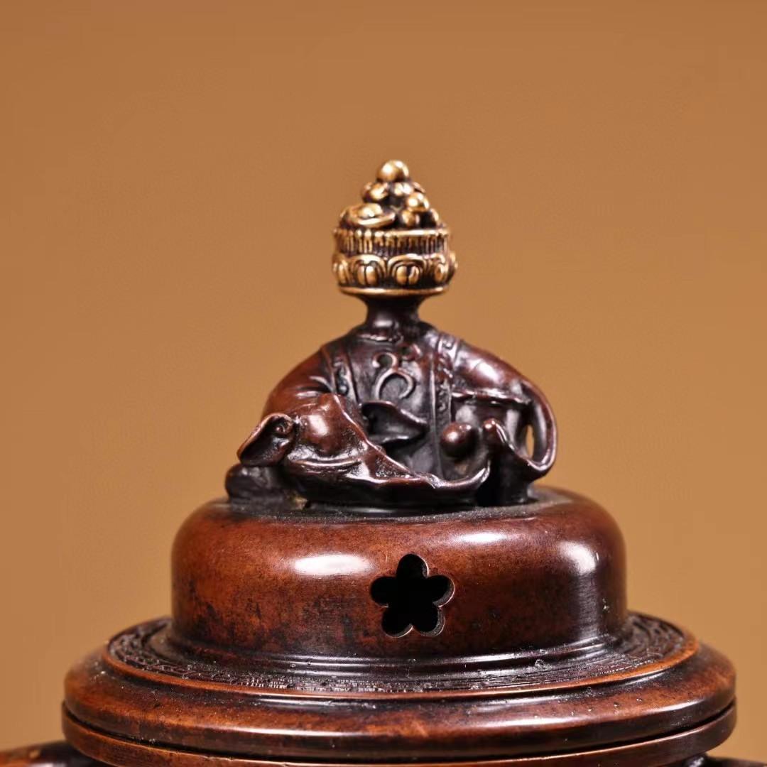 中国古美術・旧蔵鏨刻鍍金の熏香炉・純赤銅・純手作り・高浮彫・置物・茶道具・文房具