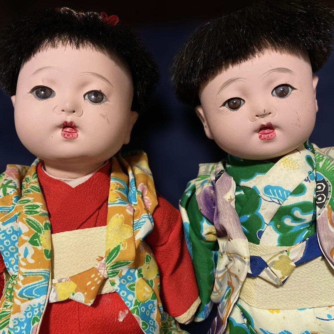市松人形　幼人形　お座り人形　ペア　２体　昭和初期　２５ｃｍ