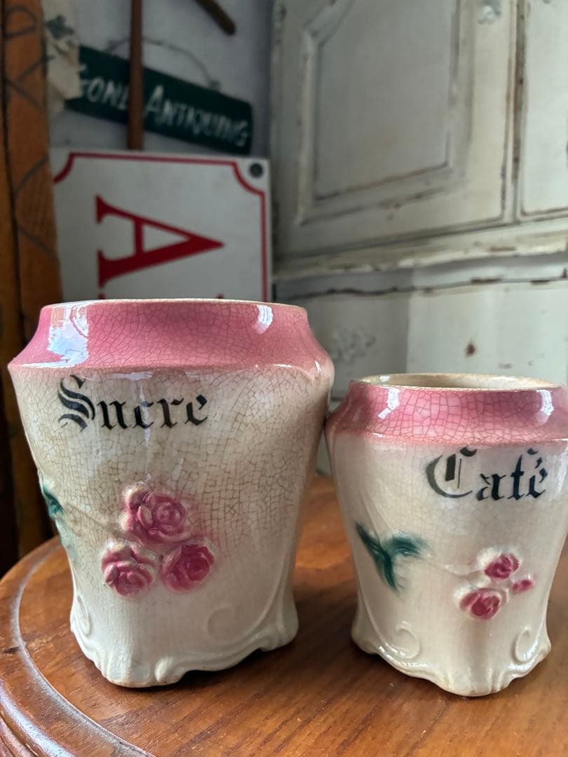 フランス　アンティーク　陶器　キャニスター　バルボティーヌ　ローズ　ピンクBレア