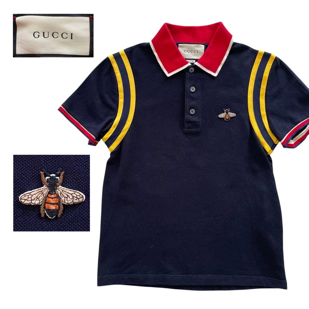 《超美品》GUCCI グッチ ポロシャツ ハチ 蜂 刺繍 ワッペン ネイビー S