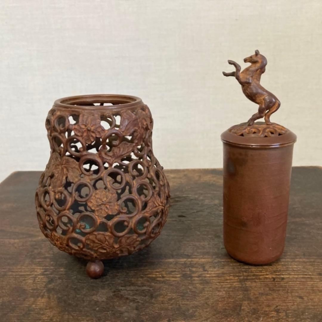 名取川雅司 高岡銅器 香炉 瓢箪 馬 干支 午 透し 置物 美術 工芸品 レトロ
