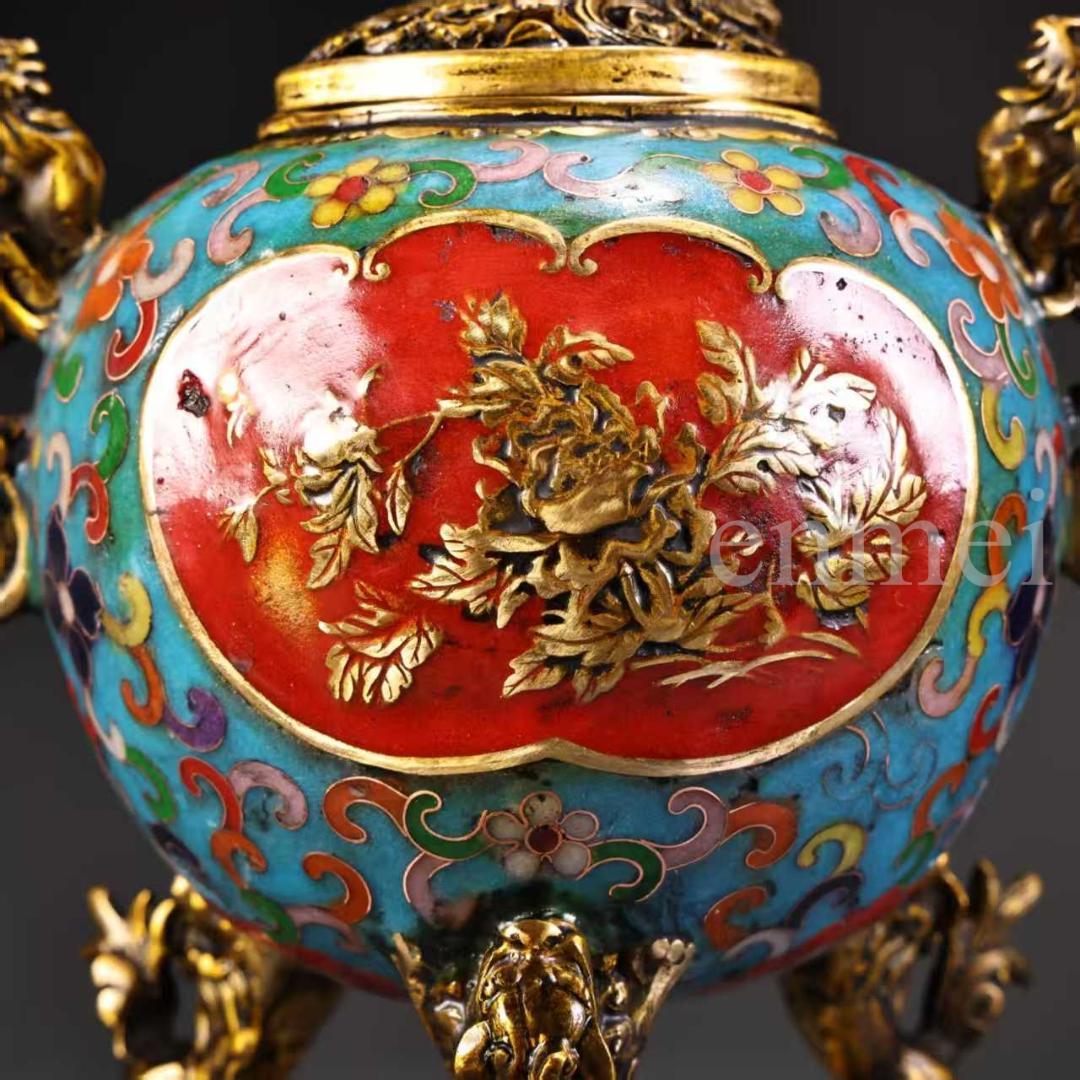 珍品旧藏・赤青琺瑯装飾双対香炉・高浮彫鏨刻・鎏金鳳鳥浮彫付き・純銅製・置物・風水