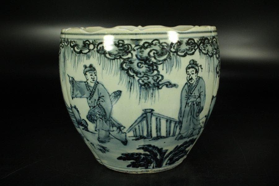 中国美術 青花 人物絵 筆筒 壷(K-LC852)