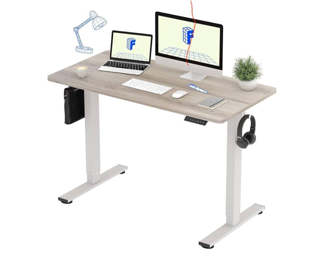 電動昇降式ライトグレー木製デスク