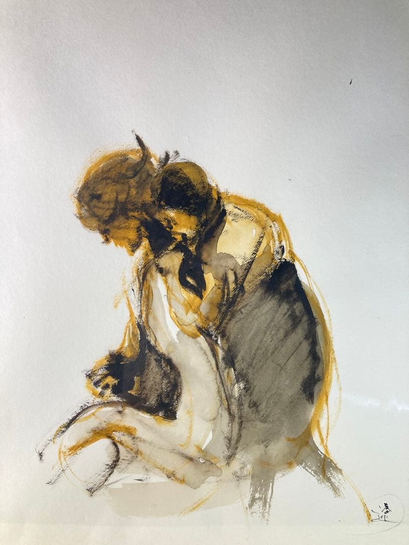 【真作保証】平野遼「母子」水彩画 直筆サイン 絵画