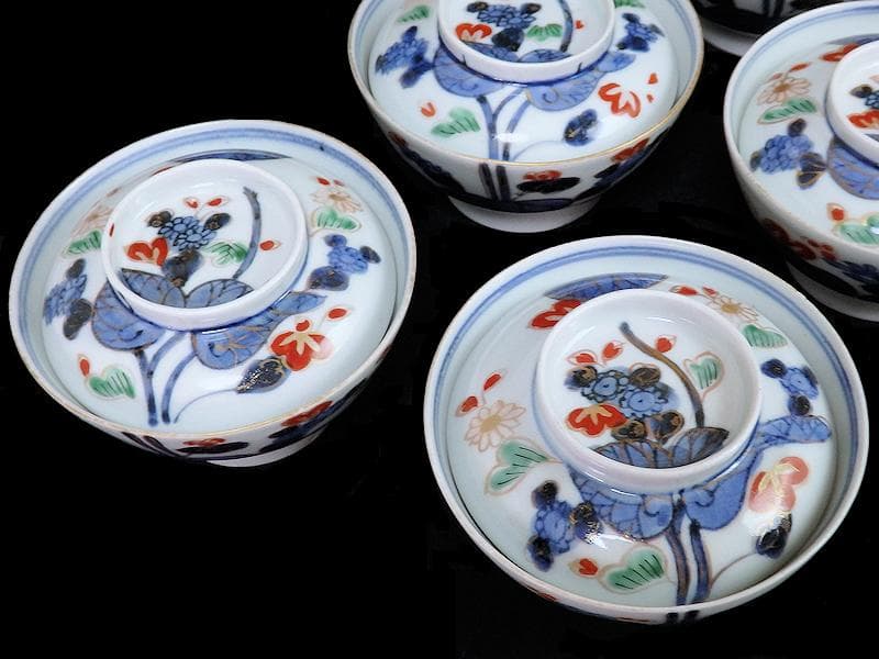 古伊万里　染錦　河骨紋の図　広東型　蓋茶碗　５客　C859AS-CEw