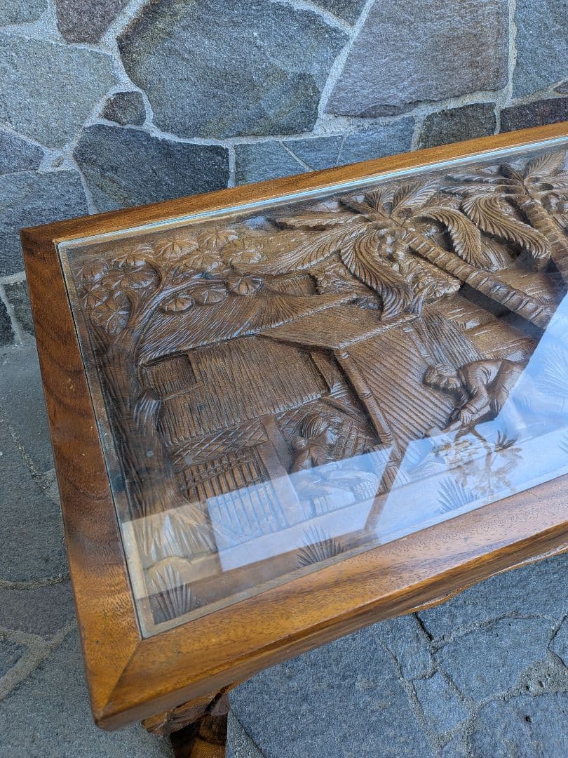 アジアンスタイル 木製彫刻テーブル ガラス天板付き