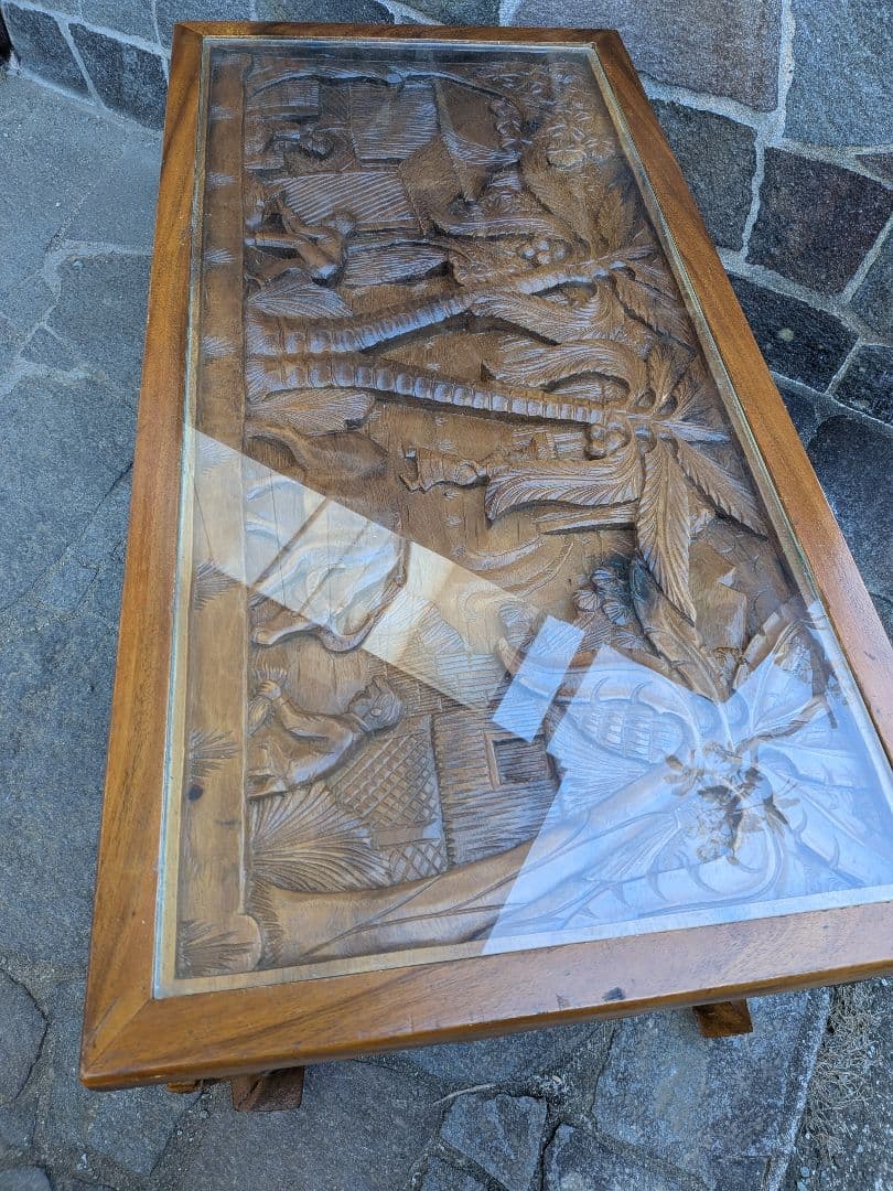 アジアンスタイル 木製彫刻テーブル ガラス天板付き