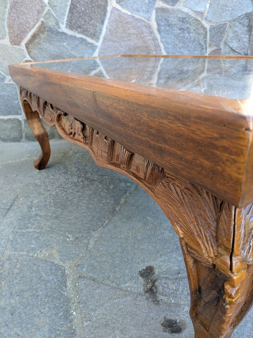 アジアンスタイル 木製彫刻テーブル ガラス天板付き