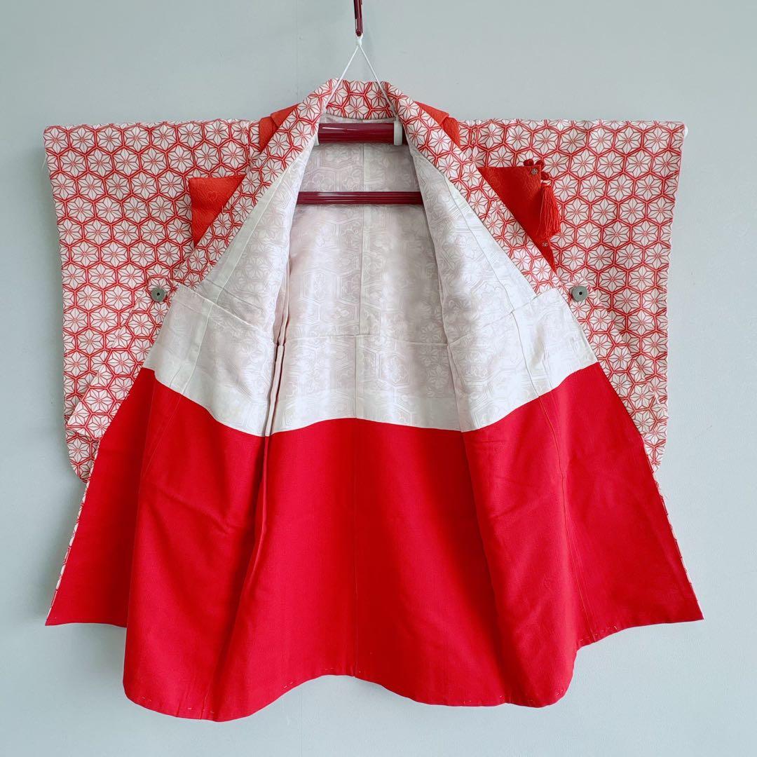 七五三　３歳　女の子　着物　きもの　長着　被布　赤系　麻文様　7276