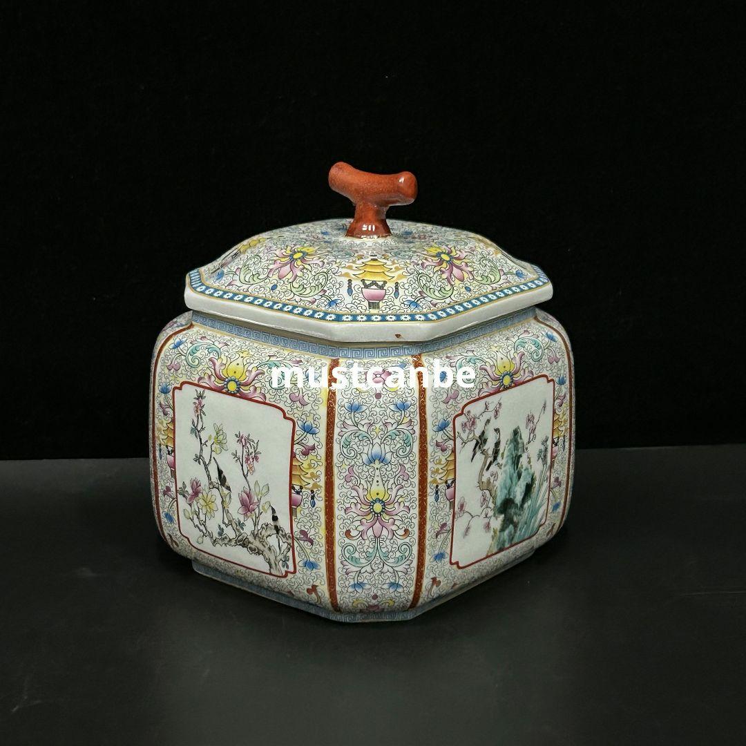 琺瑯花鳥蓋缶 景徳鎮 陶磁器 装飾品 現代工芸品 美術品 置物