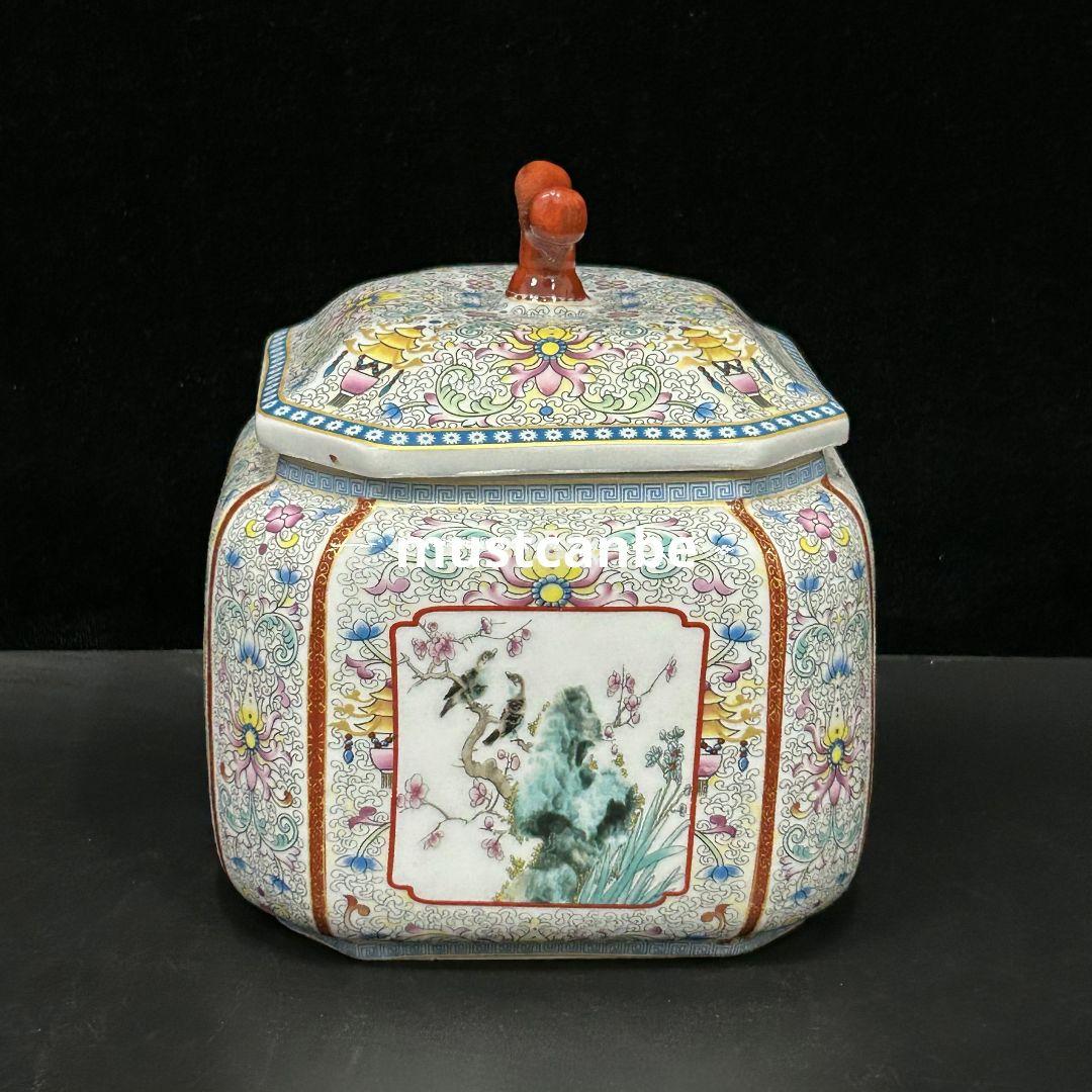 琺瑯花鳥蓋缶 景徳鎮 陶磁器 装飾品 現代工芸品 美術品 置物