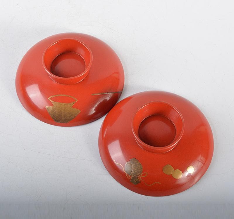 輪島塗　朱塗　金蒔絵　恵比寿天　大黒天　酒盃　一對　時　V R4501