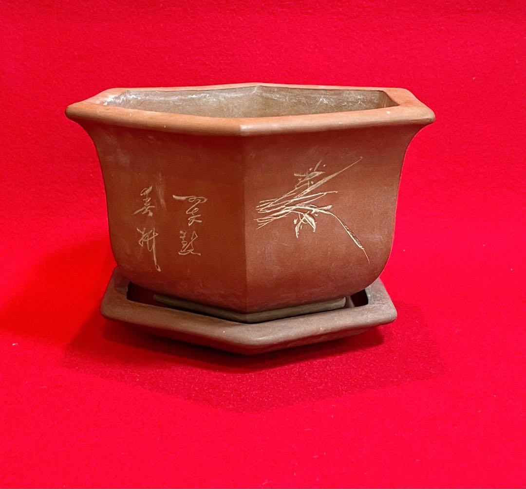 中国美術 梅蘭竹紋樣 中国宜興 紫砂 六角植木鉢 盆鉢