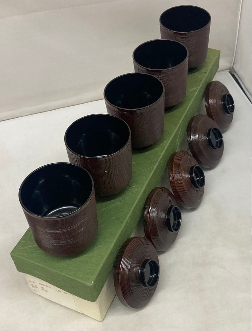 B518b「松葉図 面取千筋欅 箸洗 5客」溜塗　椀　茶道具　懐石道具