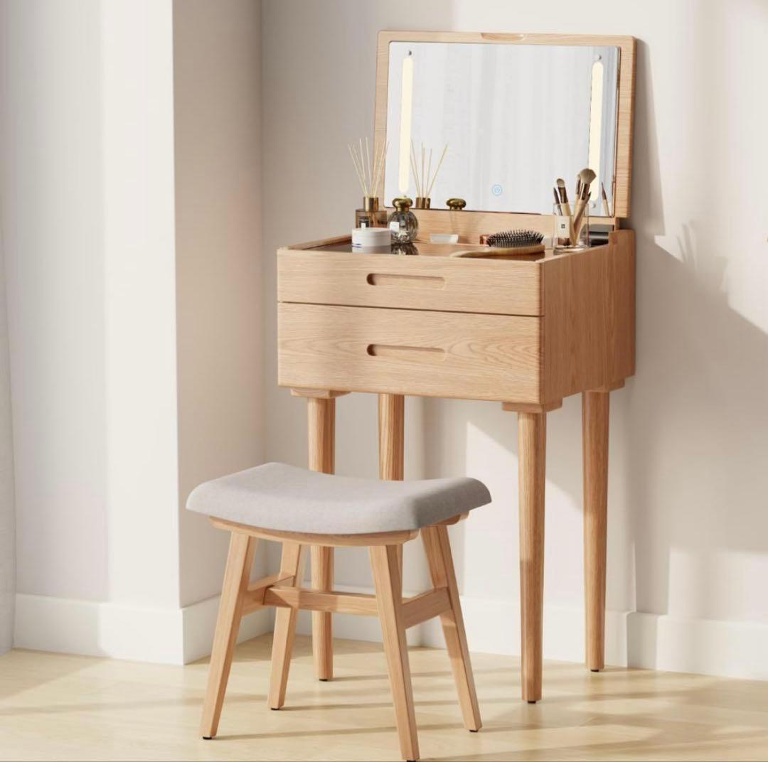 木製ドレッサー コンパクト 鏡台 LEDライト付き サイドテーブル 天然木