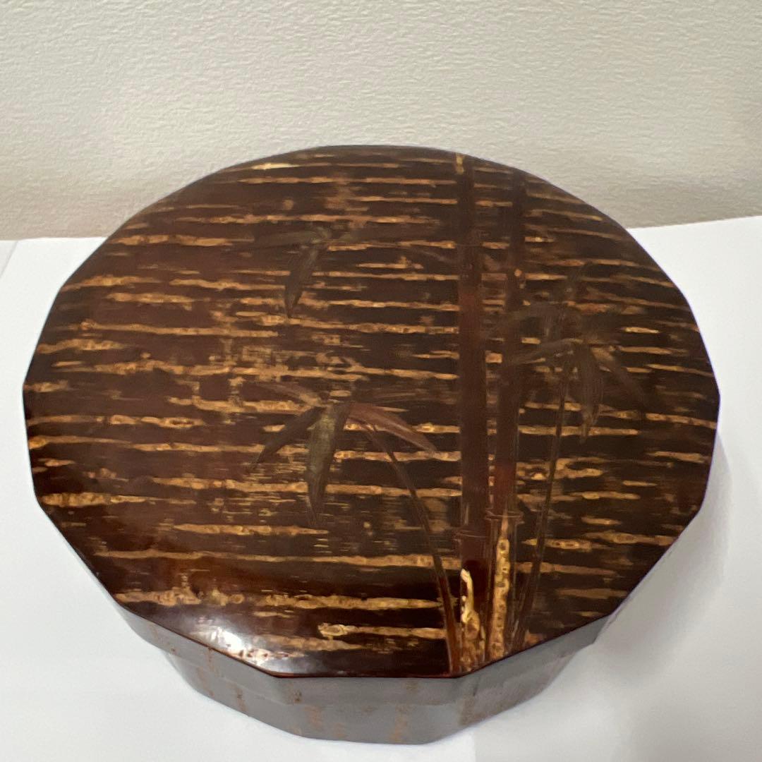 桜皮細工　茶器道具入れ　十六角形　竹模様