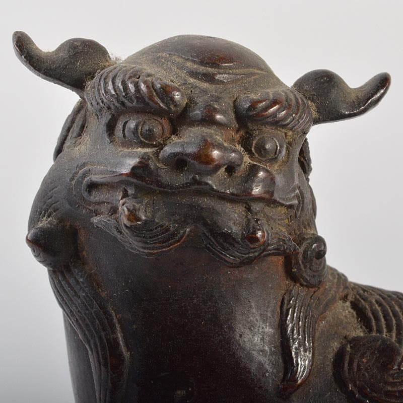 中国　古銅宣徳銅　玉乗り獅子　親子　鈴　置物　M　R7409