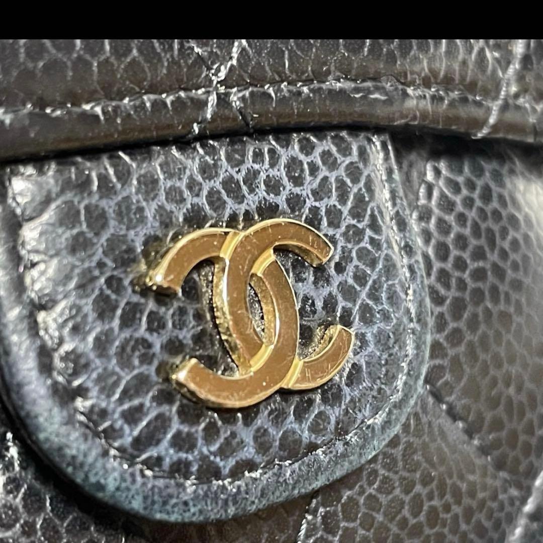 極美品　シャネル　マトラッセ　キャビアスキン　三つ折り財布　黒