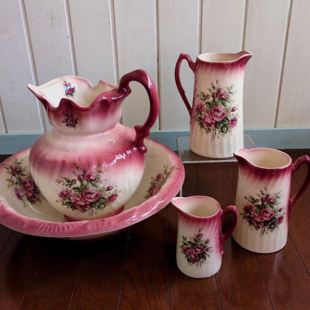 ★英国製　大きい洗面器とピッチャーの５点セット