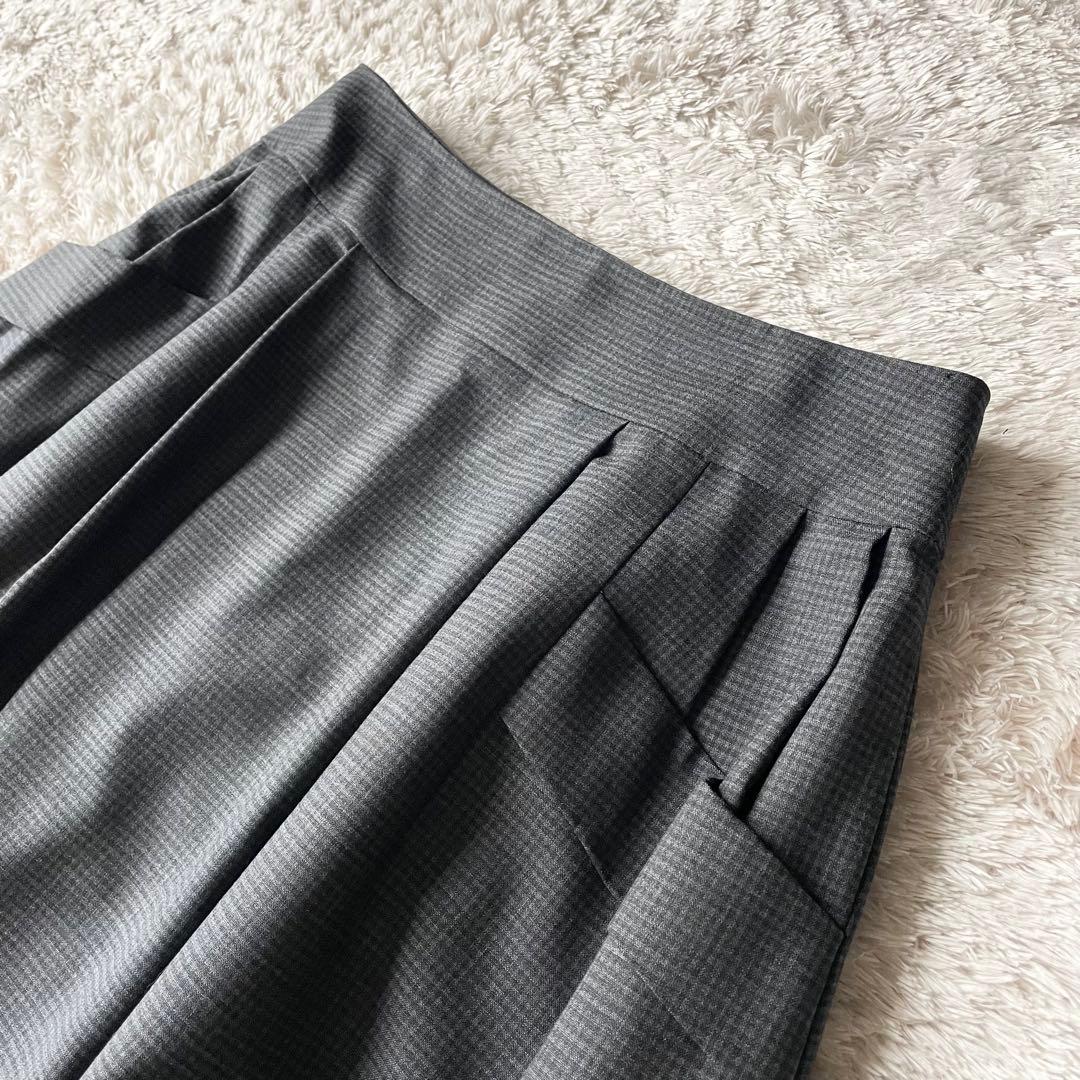 マーガレットハウエル 美品 ウールタックスカート 2 チェックグレー