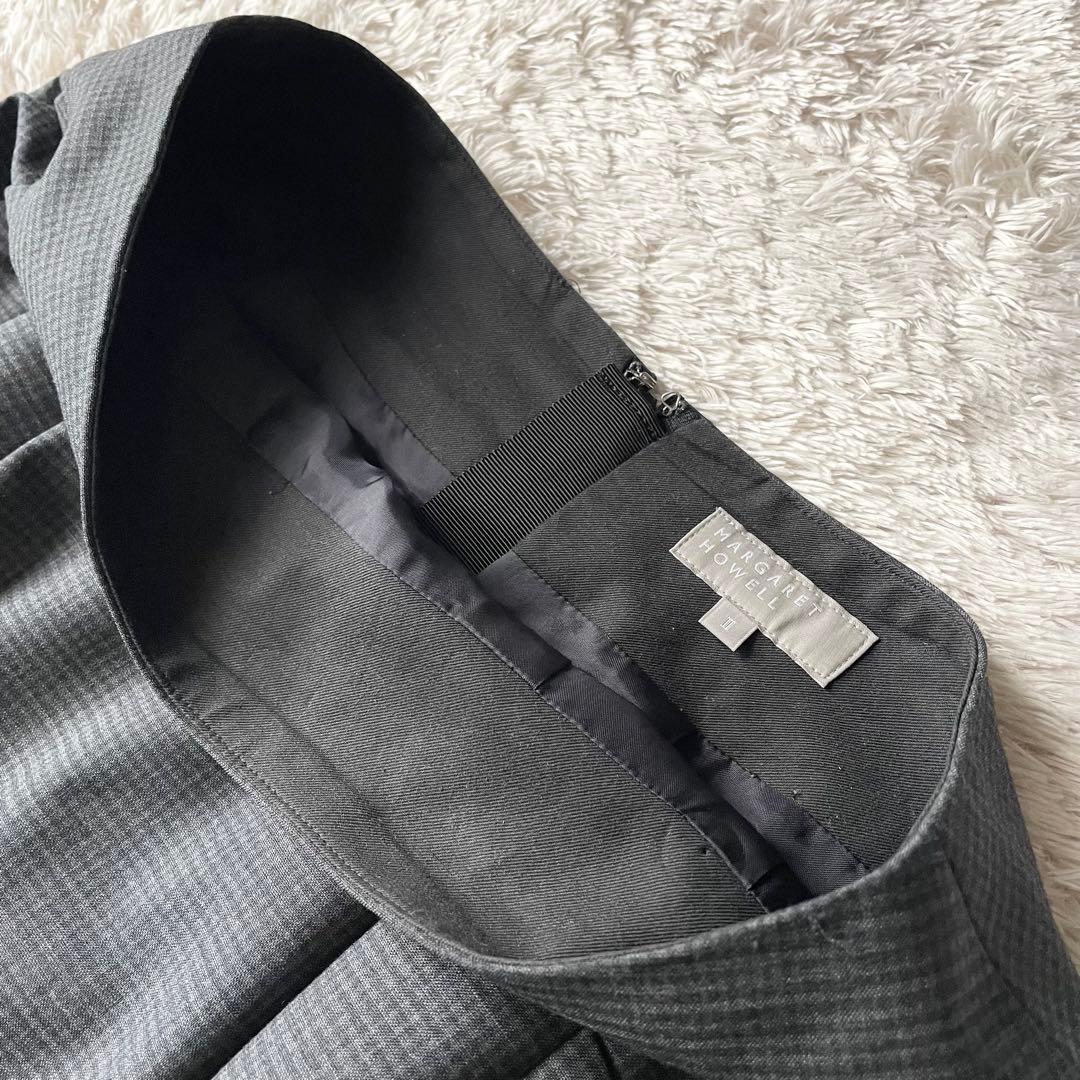 マーガレットハウエル 美品 ウールタックスカート 2 チェックグレー