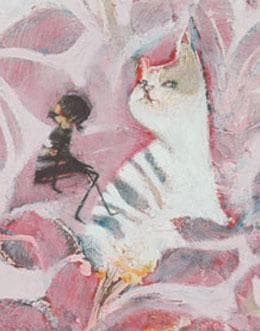 油絵 菅家令子 絵 絵画インテリア 額付(黒) uF6-070519子猫と女の子