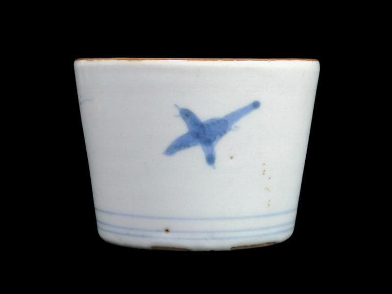 古伊万里　染付　竹籠に秋草紋の図　蕎麦猪口　A015AS-CYu