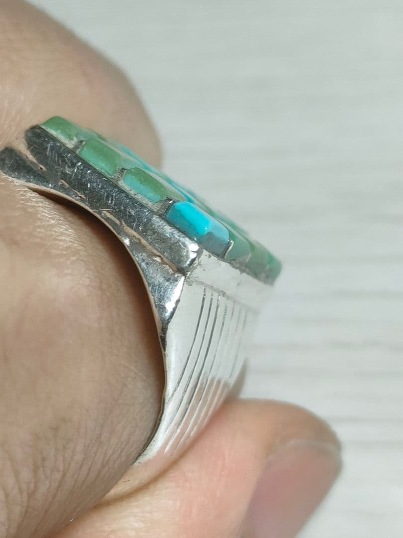 スクエアターコイズSILVERリング(ズニ族、STERLING刻印、インレイ)