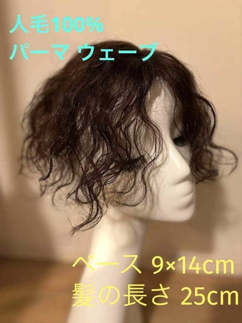 人毛100%　パーマ　ウエーブ　ヘアピース　人工スキン　部分ウイッグ　ブラウン