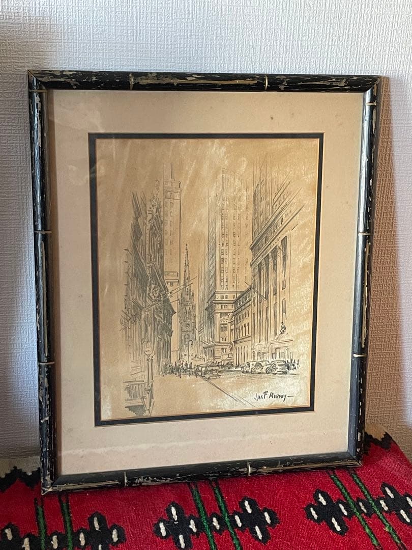 茶*様 50s ビンテージ額装ウォール街NY手書きアート 鉛筆画 作家物ブロカン