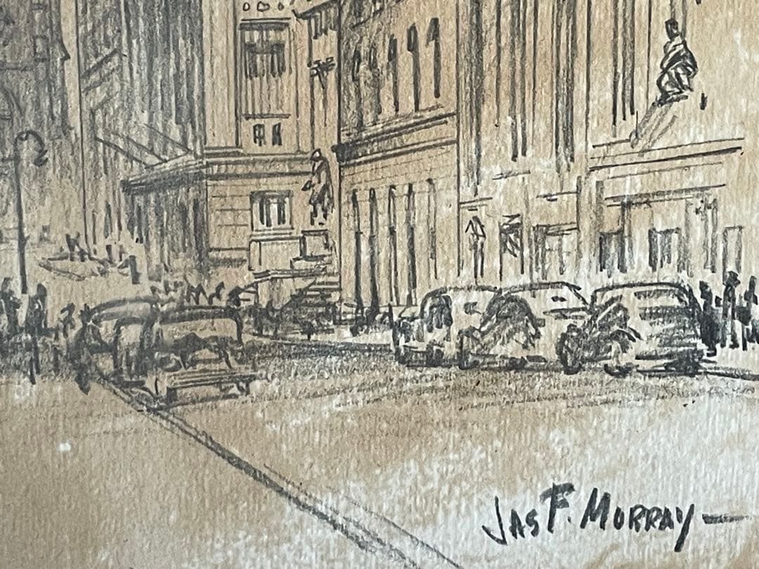 茶*様 50s ビンテージ額装ウォール街NY手書きアート 鉛筆画 作家物ブロカン