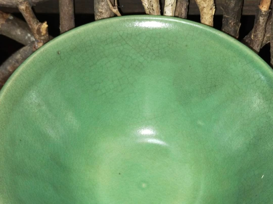 ♥茶碗　緑釉　無銘　桐箱付き　茶道具　骨董　古玩