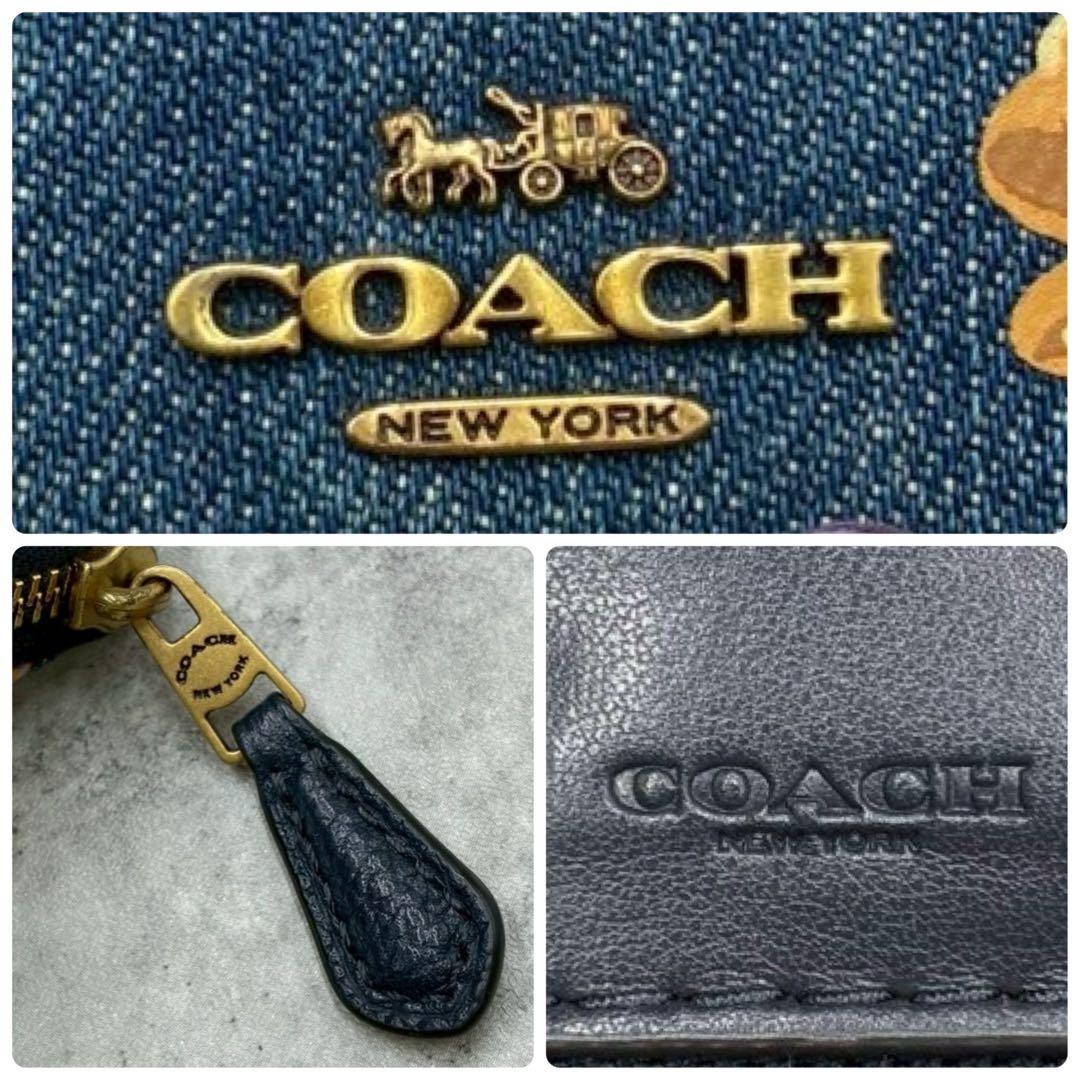 極美品 コーチ デニム ラウンドファスナー コンパクトウォレット ミニ財布 花柄