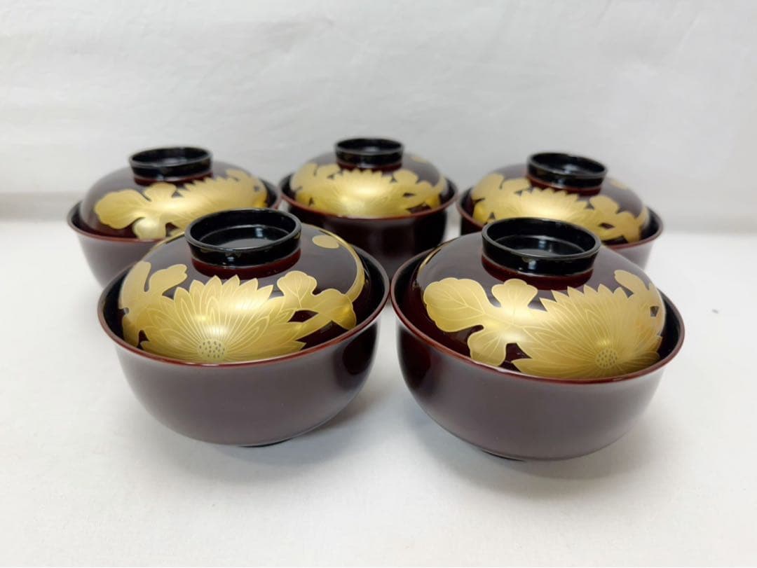 ほぼ未使用 懐石道具 增田錦製 天然木製 溜塗 花蒔絵 吸物椀 5客揃 内黒共箱