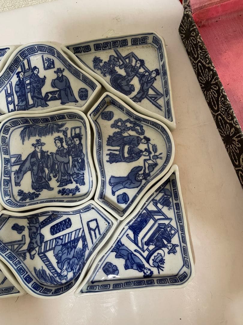 中国古美術　染付　青花小皿　アンティーク　 9点セット　元箱付